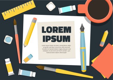 Sanatsal arka plan beyaz boş yer için merkezi ve sanat malzemeleri resimleri vektör çizim için temsil eden çevresinde dekoratif öğeler metin ile