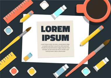 Sanatsal arka plan beyaz boş yer için merkezi ve sanat malzemeleri resimleri vektör çizim için temsil eden çevresinde dekoratif öğeler metin ile