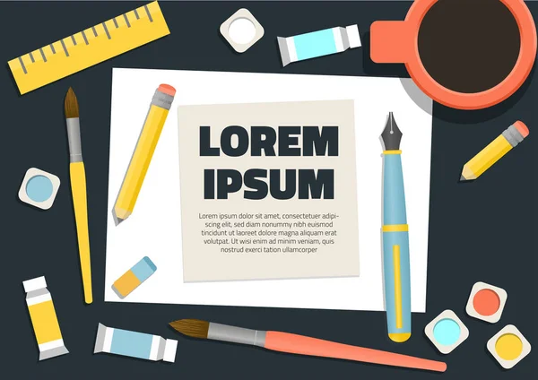 Sanatsal arka plan beyaz boş yer için merkezi ve sanat malzemeleri resimleri vektör çizim için temsil eden çevresinde dekoratif öğeler metin ile