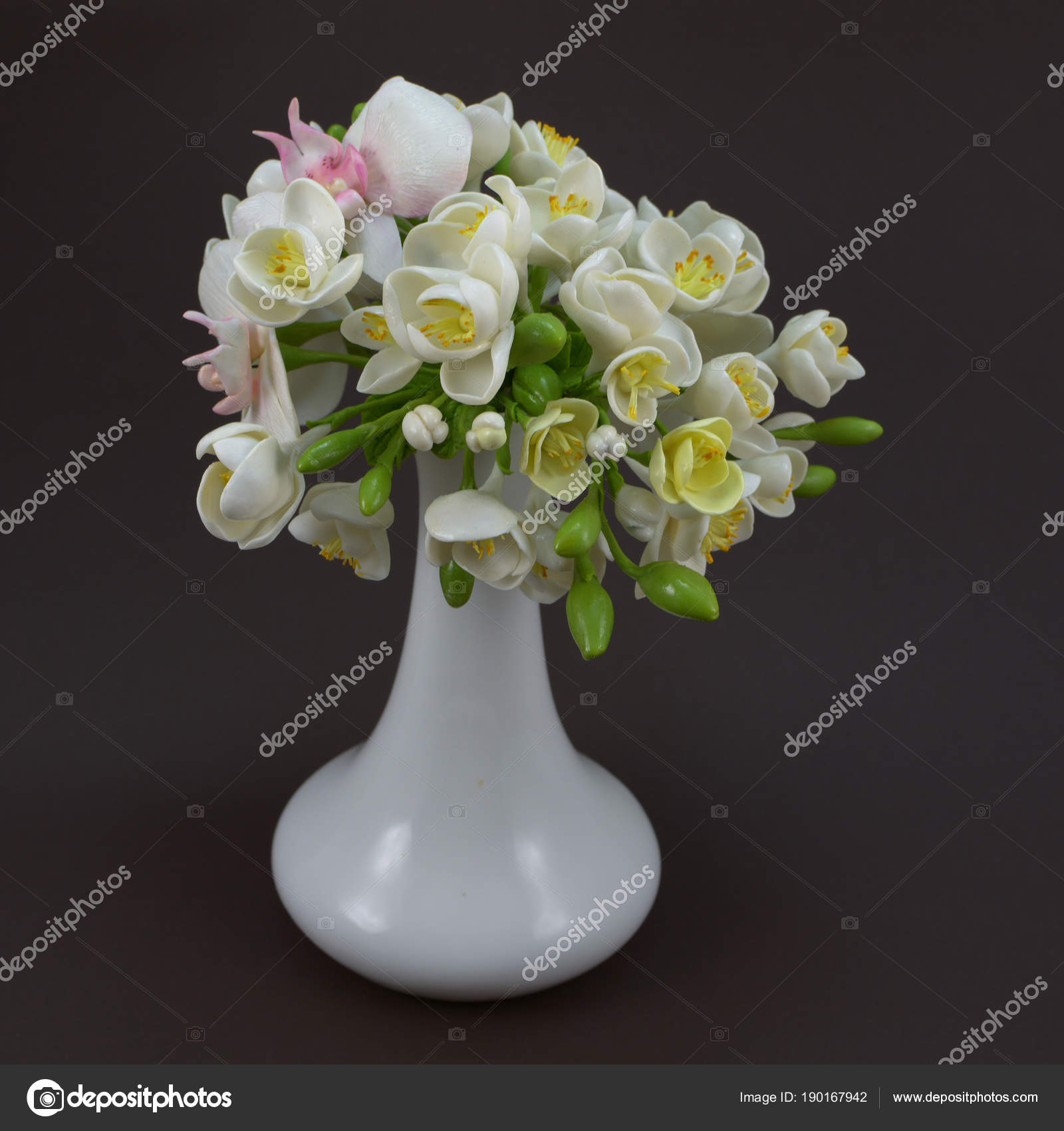 Hand Made Polymer Clay Flower Bouquet In A White Vase On A Dark