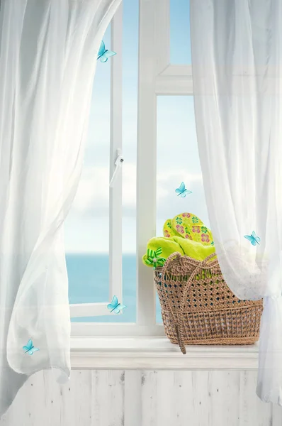 Beach Basket In Window — Stock Photo, Image