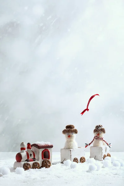 Winter Trainset With Snowmen — Stock Photo, Image