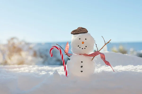 キャンディの杖と幸せな笑顔の雪だるま — ストック写真
