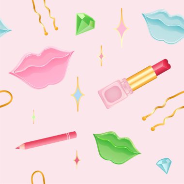 Sorunsuz dudak makyaj desen. Dudak yamalar, pomad, dudak kalemi, pullu anddiamonds illüstrasyon