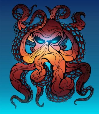 Derin deniz ahtapot. Vektör çizim. Parlak renkler ve ışık aksan