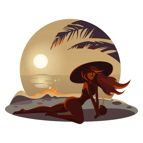 Όμορφο Κορίτσι Βρίσκεται Στην Παραλία Ηλιοβασίλεμα Ζεστό Απογευματινό Ήλιο Φοίνικες — Διανυσματικό Αρχείο