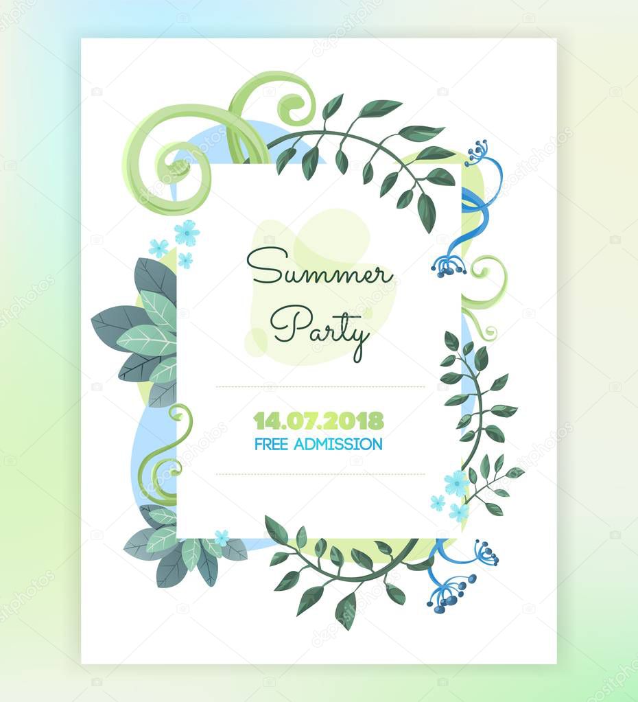 Vector floral invitation card. Template for print card. Invite, invitation, save the date card design with fresh forest greenery herbs, branches, berries. Vector natural, botan illustration.