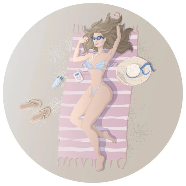 Chica Joven Tomando Sol Playa Mujer Tomando Sol Verano Ilustración — Vector de stock