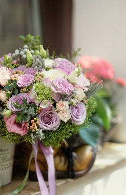 Düğün için pembe gül buketi. Düğün olay için gül buket closeup görünümü.