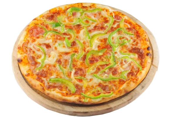 Pizza Salami Grande Deliciosa Pizza Salami Soporte Placa Madera Aislado — Foto de Stock