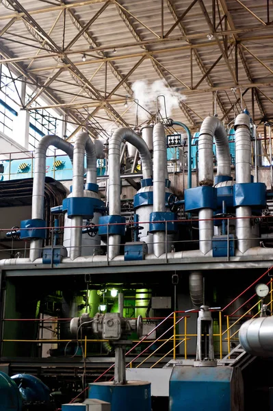 Thermal power plant interior architecture. Pipes system for transporting the hot water produced by boilers inside thermal power plant.