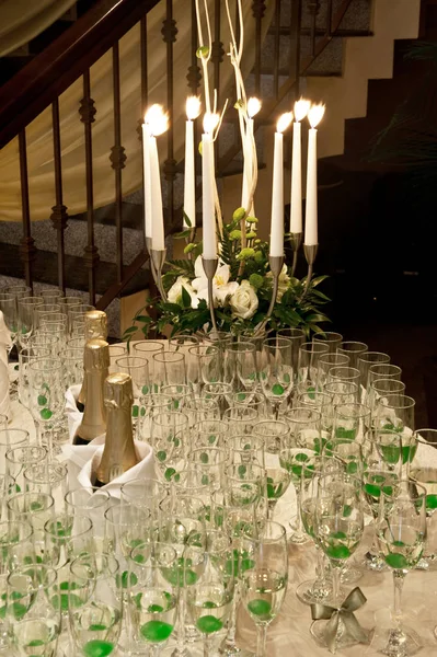 Wedding reception. Specific wedding reception table with glasses and champagne.