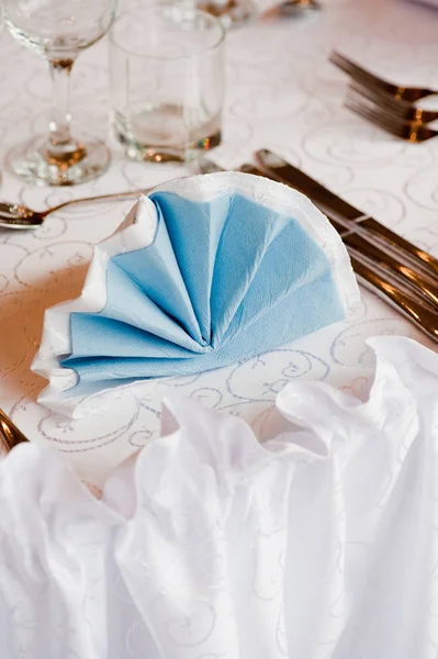 Arranjo Casamento Guardanapo Azul Com Decoração Arranjo Casamento — Fotografia de Stock