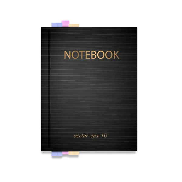 Cuaderno Negro Sobre Fondo Blanco Marcadores Multicolores Libro Mocap Papel — Vector de stock