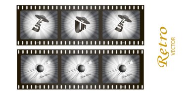 Eski film şeridi. Ufo uçan daire. Yıldızlara uçan uydu. Hollywood. .