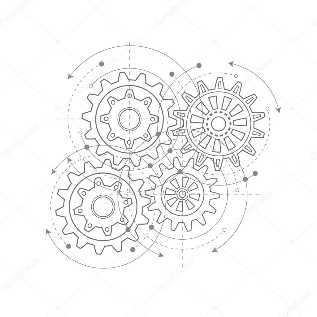 : Technical drawing of gears .Rotating mechanism of round parts .Machine technology. Vector illustration.