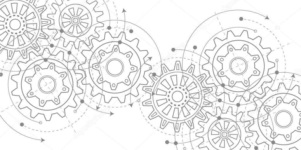 Technical drawing of gears .Rotating mechanism of round parts .Machine technology. Vector illustration.