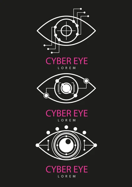 Eye Scanner Logo Set Cyber Eye Czarnym Tle Elektroniczna Nanotechnologia — Wektor stockowy