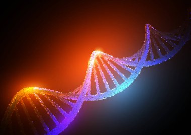 Parlayan neon DNA zinciri. Biyoteknoloji, biyokimya, genetik ve tıp konsepti. Gelecekteki DNA, molekül, hücre.