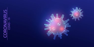 Coronavirus COVID-19. Neon 3D virüs modeli. Biyoteknoloji, biyokimya, genetik ve tıp konsepti. Vektör