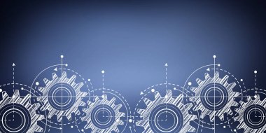 Dişlilerin teknik çizimi. Yuvarlak parçaların dönen mekanizması. Makine teknolojisi. Vektör illüstrasyonu.