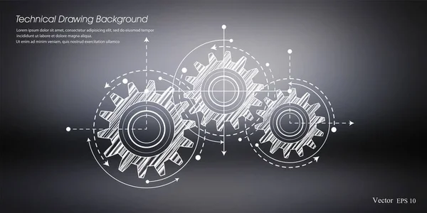 Siyah arka planda teknik vites çizimi. Mühendislik Teknolojisi Projesi. Endüstriyel mekanik Vektör illüstrasyonu.