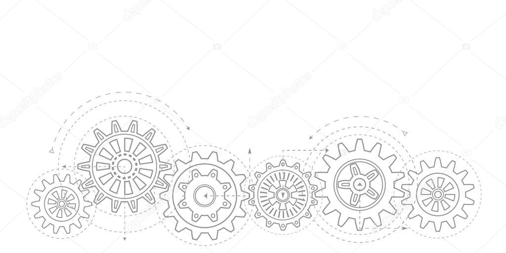 Technical drawing of gears .Rotating mechanism of round parts .Machine technology. Vector illustration.