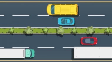Şehir ulaşımının üst görüntüsü. Kamyonlar, arabalar, otobüsler. Aktif şehir trafiği kavramı..