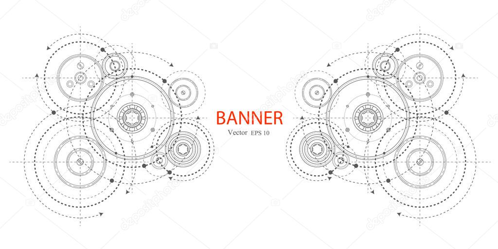 Engineering technical drawing on a white background. Rotating mechanism of round parts .Gears on a white background .