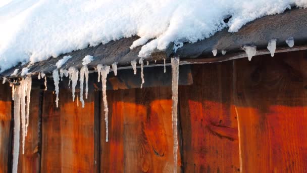 Eski bir ahır çatısında buz sarkıtları — Stok video