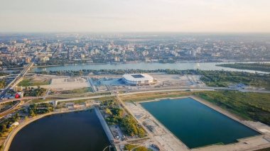 Rostov-on-Don'ın panoramik manzaralı. Stadyum, Don Nehri. Rusya, Rostov-on-Don 