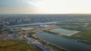 Rostov-on-Don'ın panoramik manzaralı. Stadyum, Don Nehri. Rusya, Rostov-on-Don 