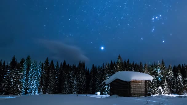 Маленький Дом Против Звездного Неба Вечнозеленый Снежный Лес Зимой Видео — стоковое видео