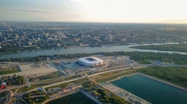 Rostov-on-Don'ın panoramik manzaralı. Stadyum, Don Nehri. Rusya, Rostov-on-Don 
