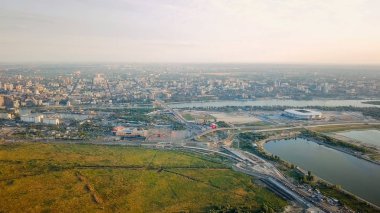 Rostov-on-Don'ın panoramik manzaralı. Stadyum, Don Nehri. Rusya, Rostov-on-Don 