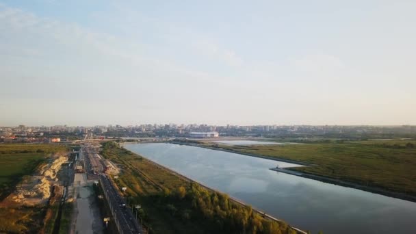 Panorama Flygfoto Över Den Centrala Delen Rostov Don Stadium Floden — Stockvideo