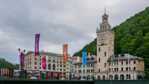 Sochi Russia September 2017 Clock Tower Rosa Khutor Sunset Time — Stock Video