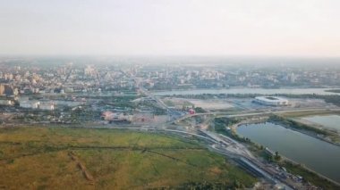 Rostov-on-Don'ın panoramik hava görünümünü. Stadyum, Don Nehri. Rusya, Rostov-on-Don. Video. UltraHD (4k)
