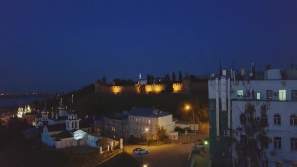 Luchtfoto Van Nacht Van Het Kremlin Van Nizjni Novgorod Nizjni — Stockvideo