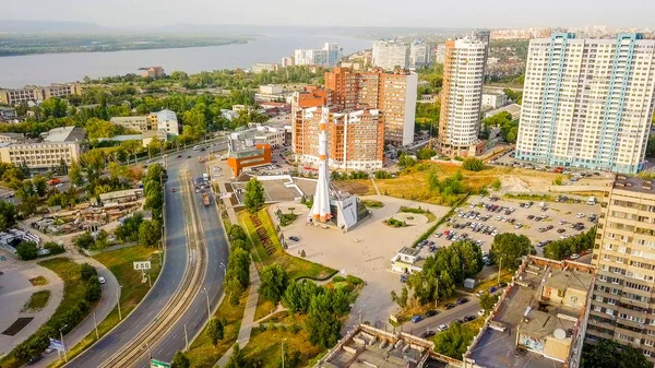 Russia, Samara - September 14, 2017: The Museum and Exhibition Center Samara Space. Monument of the carrier rocket Soyuz. Samara-city hosting the FIFA World Cup in Russia 2018 — Stock Photo, Image