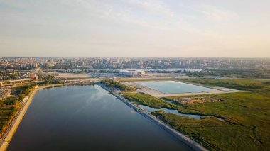 Rostov-on-Don'ın panoramik manzaralı. Stadyum, Don Nehri. Rusya, Rostov-on-Don  