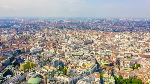 Milan, Italy. Roofs of the city aerial view. Spiers Milan Cathedral. Cloudy weather., Aerial View — ストック写真