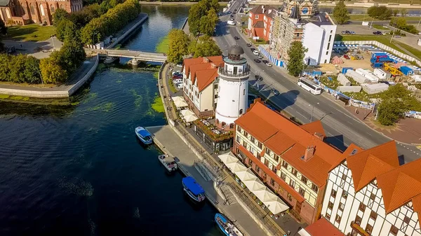 Vista Aérea Del Centro Ciudad Kaliningrado Faro Fish Village Puente —  Fotos de Stock