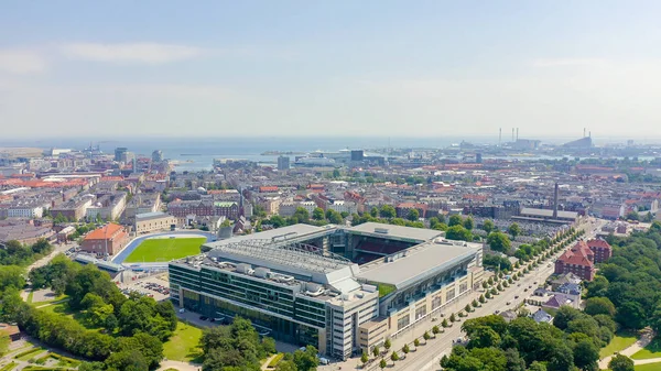 Copenhagen, Dánia-június 26, 2019: Parken Stadion (Telia Parken) egy stadion Koppenhágában. Helyszíne mérkőzések UEFA Euro 2020. Légifelvétel, légi-nézet — Stock Fotó
