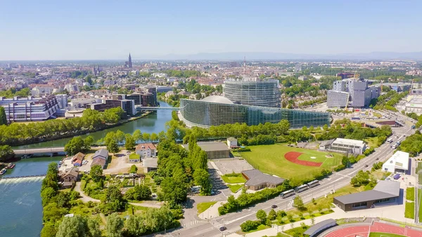 Strasbourg, France. The complex of buildings is the European Parliament, the European Court of Human Rights, the Palace of Europe, Aerial View