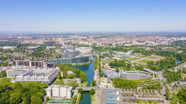 Strasbourg, France. Orangerie Park. The complex of buildings is the European Parliament, the European Court of Human Rights, the Palace of Europe, Aerial View