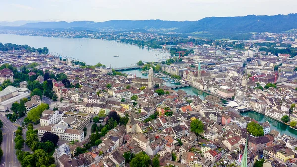 Zurich, Switzerland. Panorama of the city from the air. View of Zurich Lake. Limmat River Expiry Site, Aerial View — Stock Photo, Image
