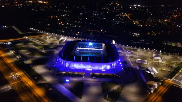 Russia, Kaliningrad - September 20, 2018: Aerial night view stadium Kaliningrad - football stadium in Kaliningrad, built in 2018 for the matches of the 2018 FIFA World Cup, From Drone — Stock Photo, Image