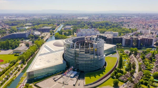 Strasbourg, France. The complex of buildings is the European Parliament, the European Court of Human Rights, the Palace of Europe, Aerial View