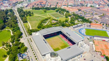 Kopenhag, Danimarka - 26 Haziran 2019: Parken Stadyumu (Telia Parken) Kopenhag ' da bulunan bir stadyum. Maç ların yapılacağı yer 2020 Euro. Havadan görünüm, Havadan Görünüm 